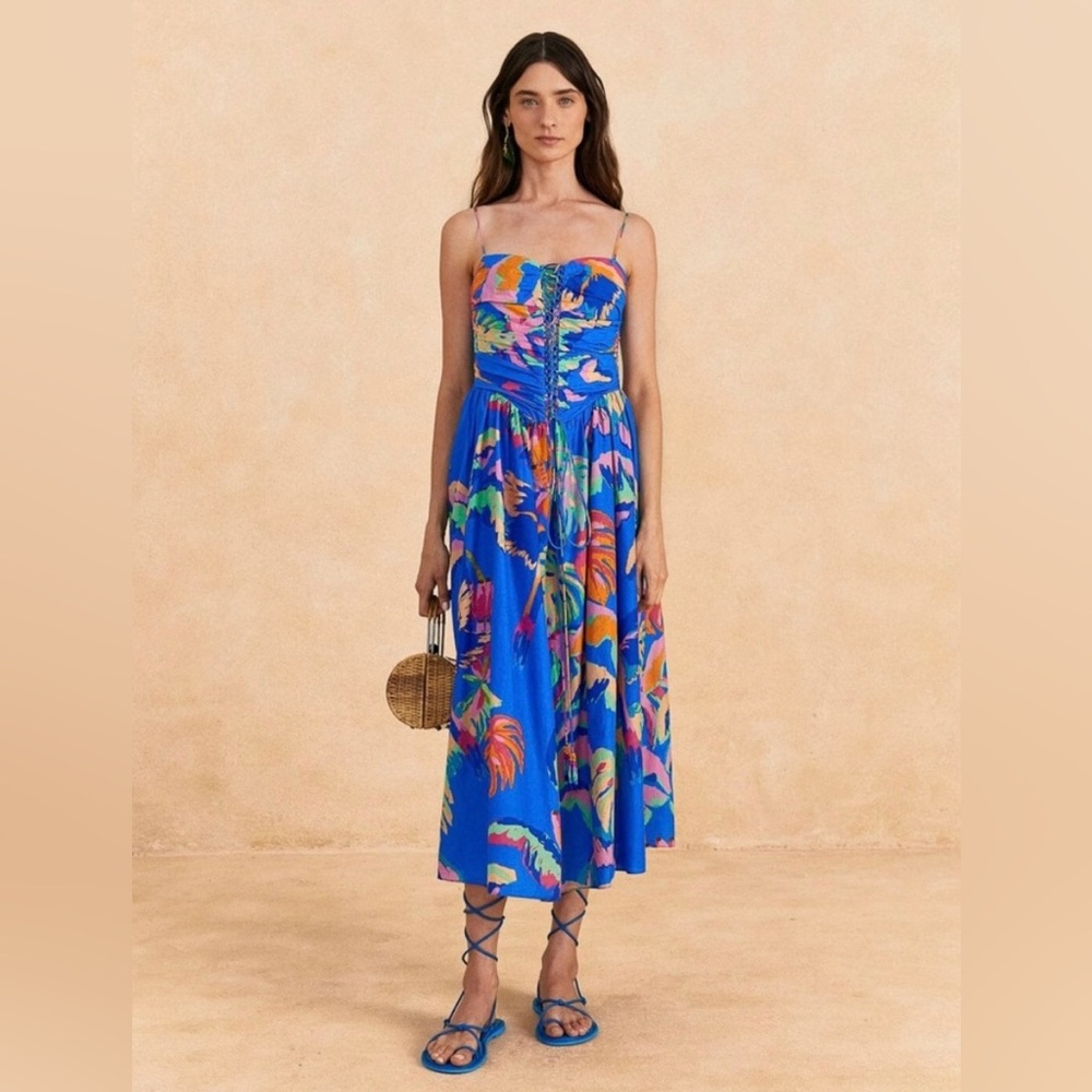 NWT Farm Rio | Painted Jungle Midi Sun Dress | Blue
